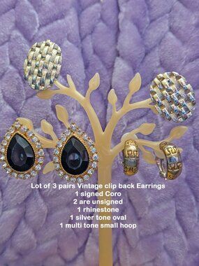 Lot of 3 pairs, VTG clip back Earrings, 1 signed Coro, 2 are unsigned, Classics